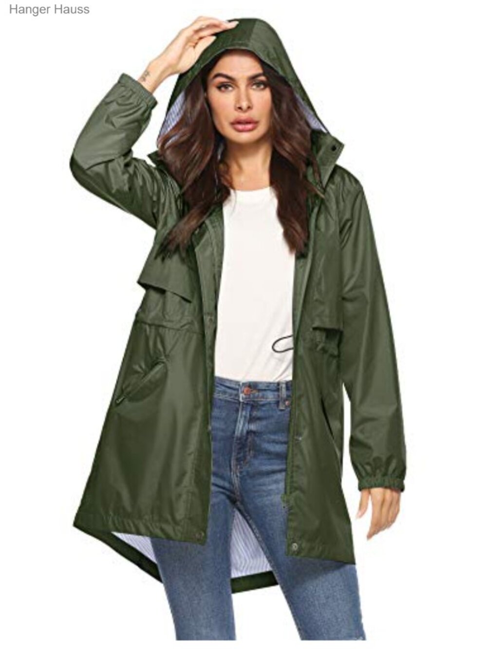 Waterproof Cinch Waist Long Raincoat Windbreaker Jacket with Hood